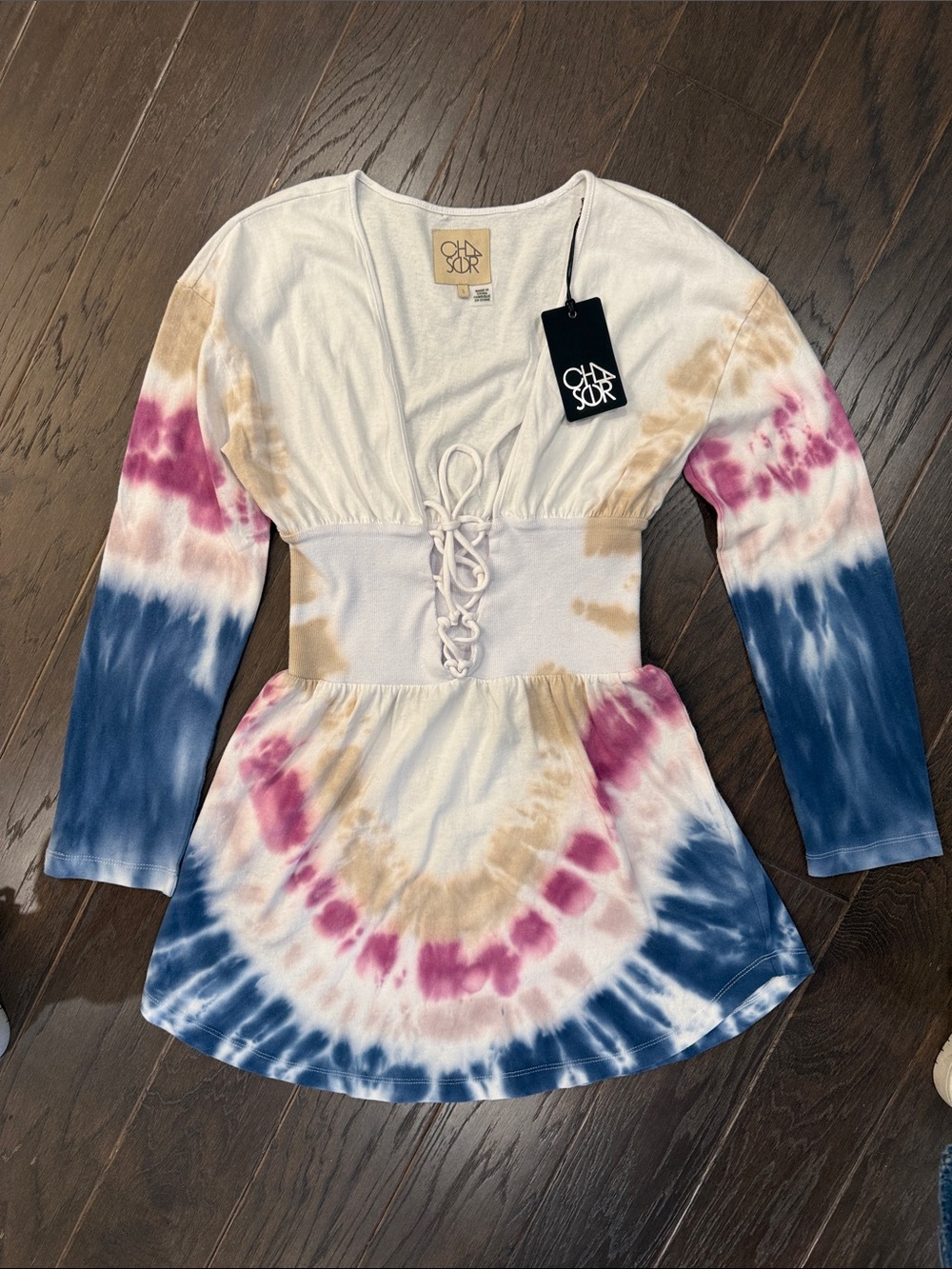 Chaser Tie-Dye Lace-Up Waist Long Sleeve Dress - White, Blue, Pink, Tan